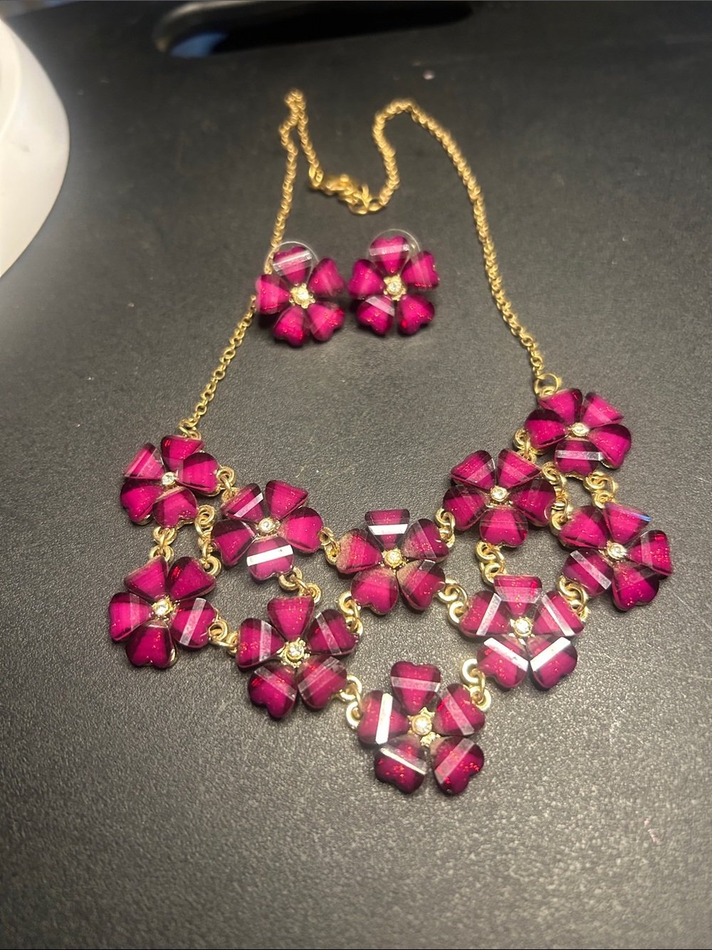 Gold-Tone Pink Floral Statement Necklace & Earrings Set